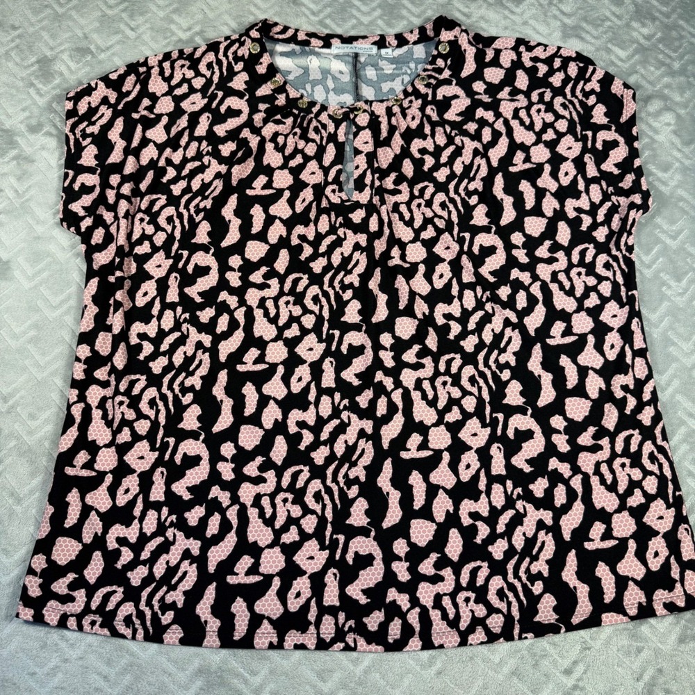 Notations Blouse Womens 1X Pink Excellent Leopard Print Keyhole Neck Top